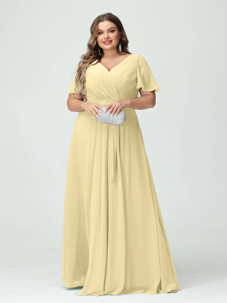 A-Line/Princess V-Neck Short Sleeves Plus Size Bridesmaid Dresses with Pockets Belt & Split Side - Image 69