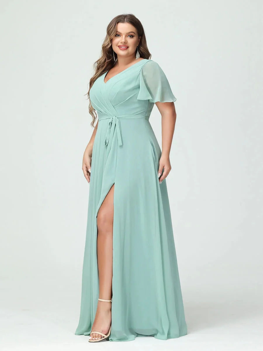 A-Line/Princess V-Neck Short Sleeves Plus Size Bridesmaid Dresses with Pockets Belt & Split Side - Image 7