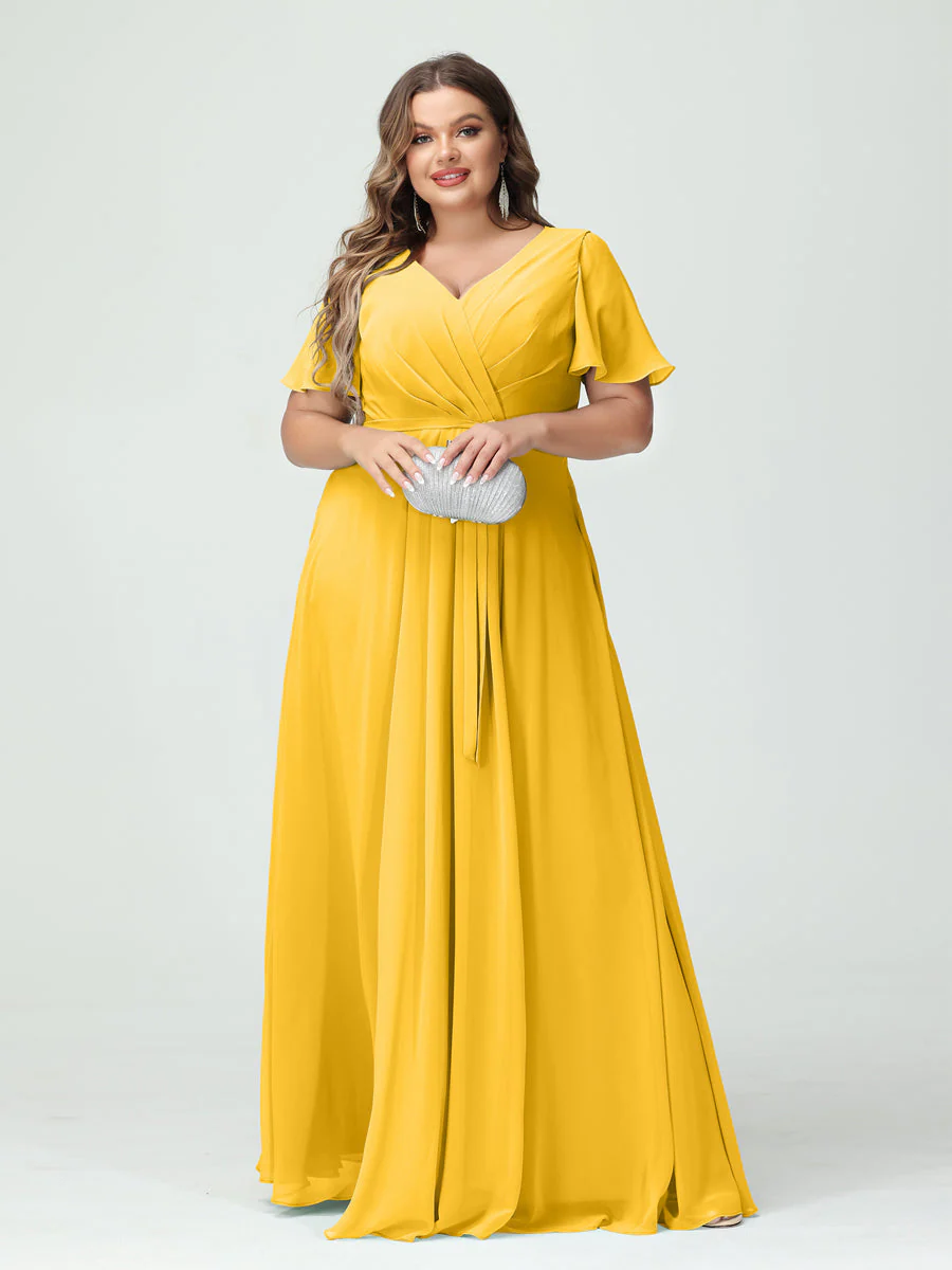 A-Line/Princess V-Neck Short Sleeves Plus Size Bridesmaid Dresses with Pockets Belt & Split Side - Image 72