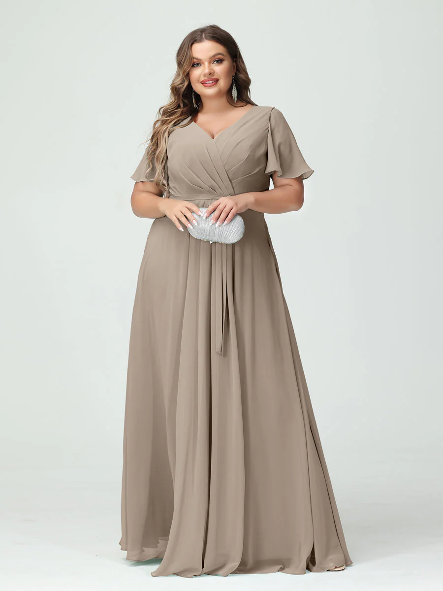 A-Line/Princess V-Neck Short Sleeves Plus Size Bridesmaid Dresses with Pockets Belt & Split Side - Image 74