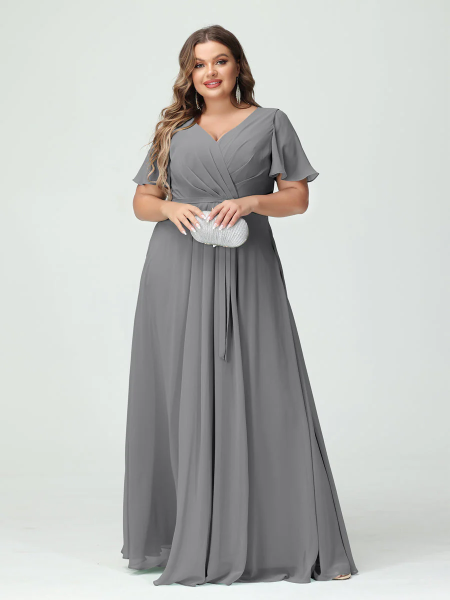 A-Line/Princess V-Neck Short Sleeves Plus Size Bridesmaid Dresses with Pockets Belt & Split Side - Image 76