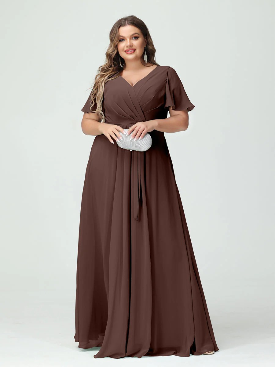 A-Line/Princess V-Neck Short Sleeves Plus Size Bridesmaid Dresses with Pockets Belt & Split Side - Image 77