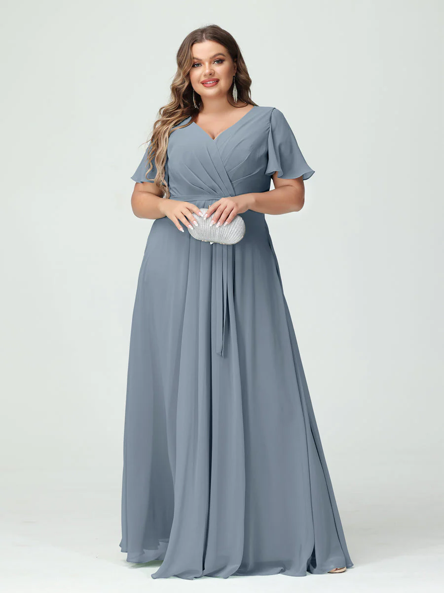 A-Line/Princess V-Neck Short Sleeves Plus Size Bridesmaid Dresses with Pockets Belt & Split Side - Image 9