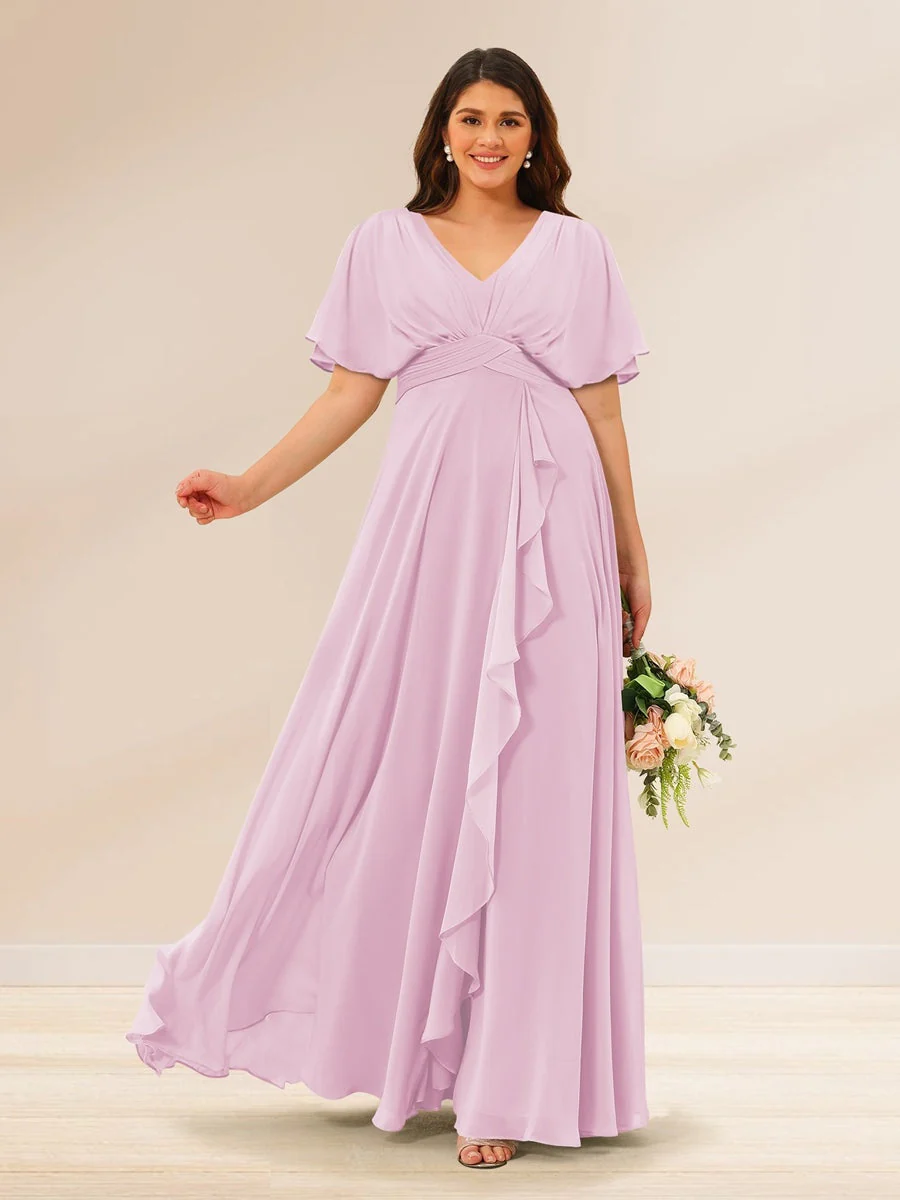 A-Line/Princess V-Neck Short Sleeves Plus Size Bridesmaid Dresses with Pockets - Image 20