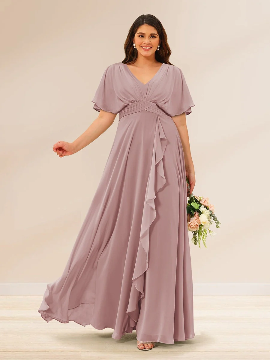 A-Line/Princess V-Neck Short Sleeves Plus Size Bridesmaid Dresses with Pockets - Image 25