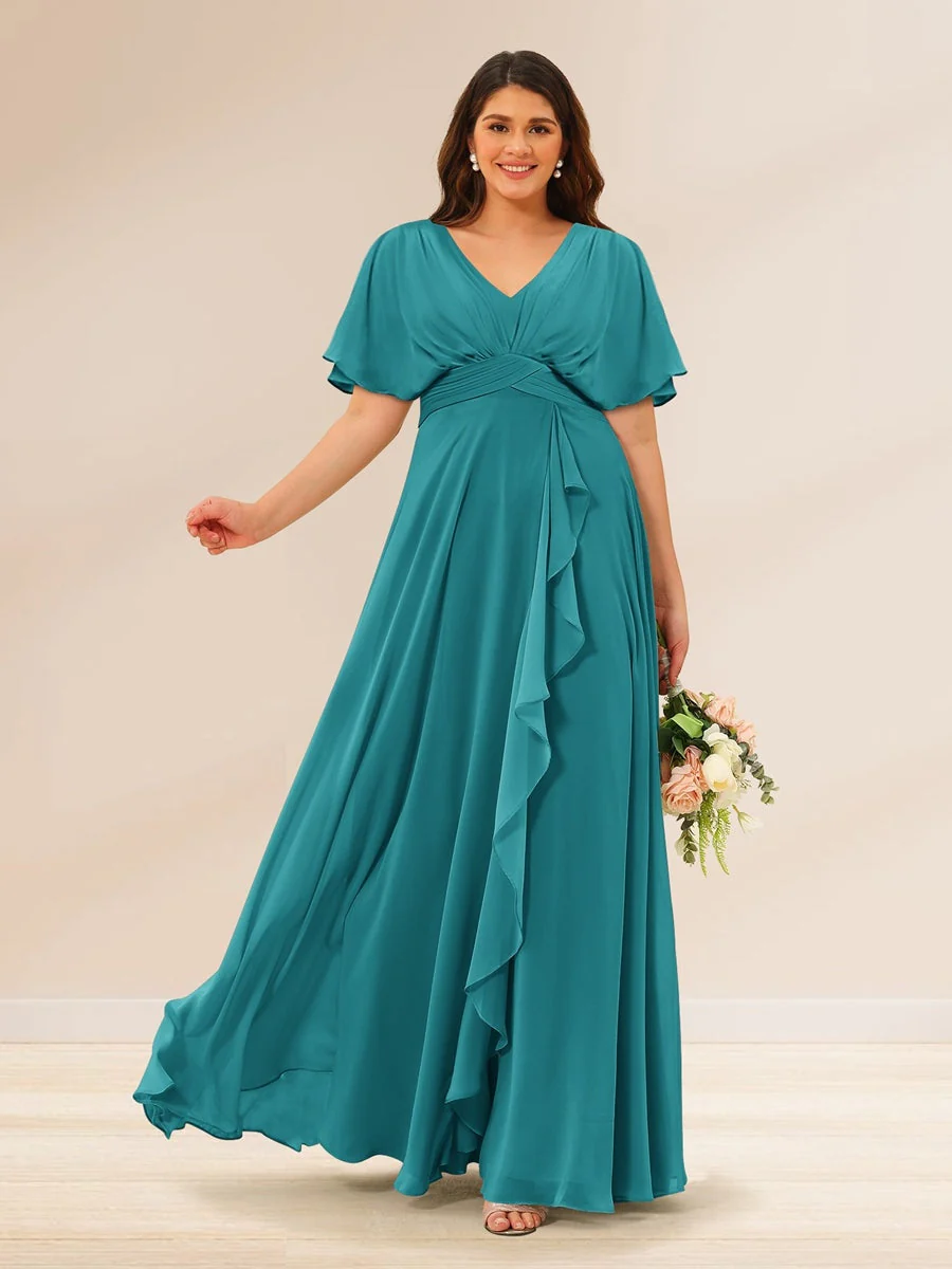 A-Line/Princess V-Neck Short Sleeves Plus Size Bridesmaid Dresses with Pockets - Image 47