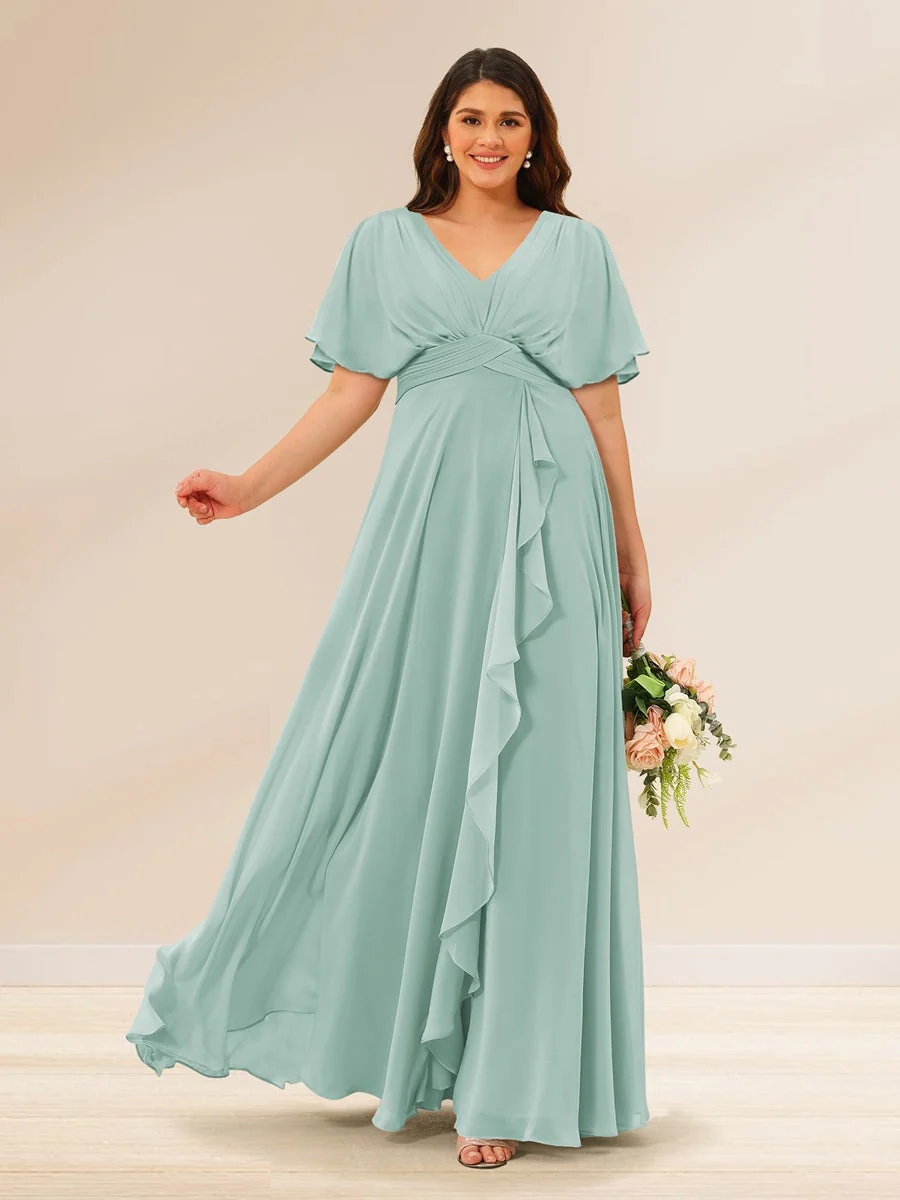 A-Line/Princess V-Neck Short Sleeves Plus Size Bridesmaid Dresses with Pockets - Image 55