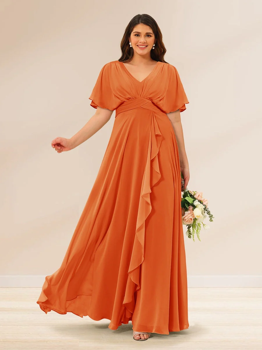 A-Line/Princess V-Neck Short Sleeves Plus Size Bridesmaid Dresses with Pockets - Image 67