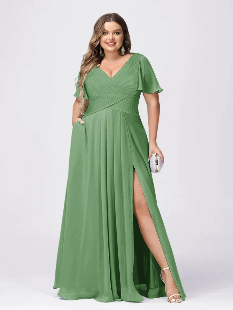 A Line/Princess V-Neck Short Sleeves Plus Size Bridesmaid Dresses with Split Side - Image 11