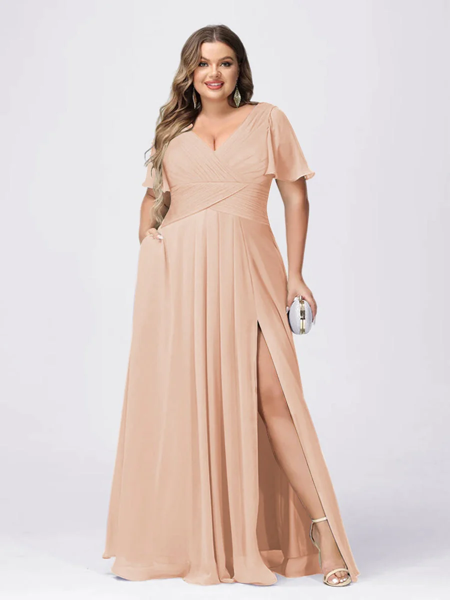 A Line/Princess V-Neck Short Sleeves Plus Size Bridesmaid Dresses with Split Side - Image 18