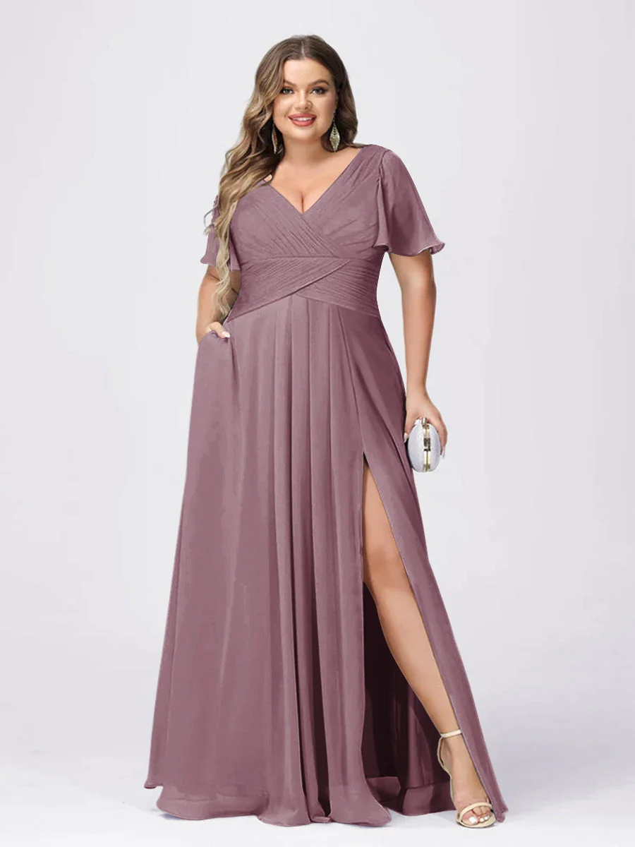 A Line/Princess V-Neck Short Sleeves Plus Size Bridesmaid Dresses with Split Side - Image 26