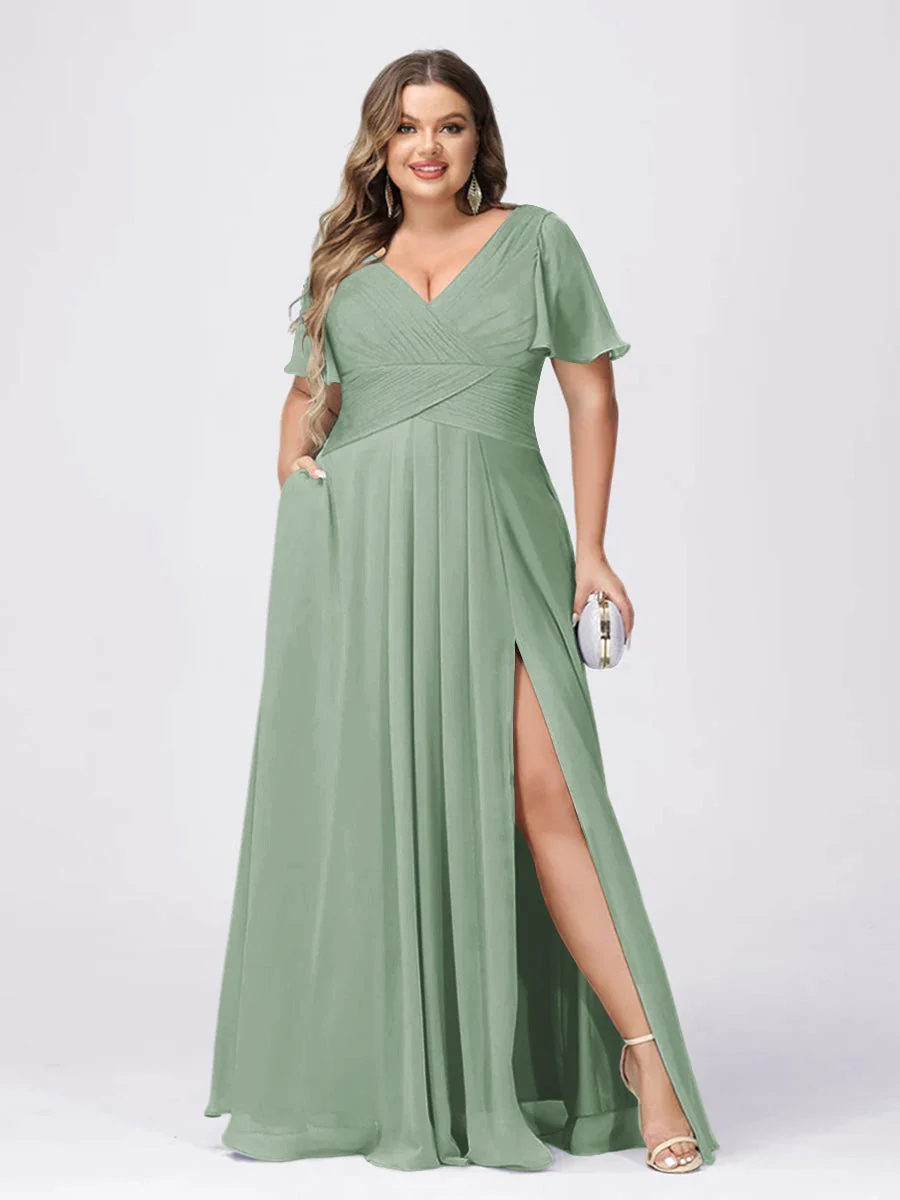 A Line/Princess V-Neck Short Sleeves Plus Size Bridesmaid Dresses with Split Side - Image 3