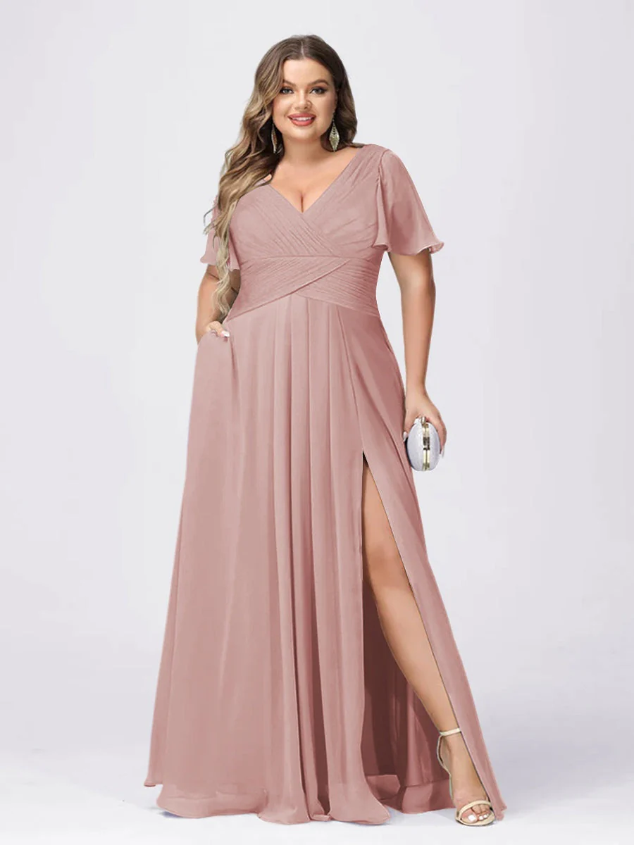 A Line/Princess V-Neck Short Sleeves Plus Size Bridesmaid Dresses with Split Side - Image 4