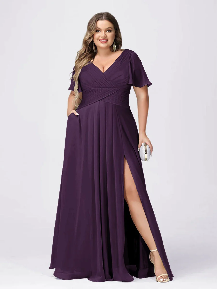 A Line/Princess V-Neck Short Sleeves Plus Size Bridesmaid Dresses with Split Side - Image 41