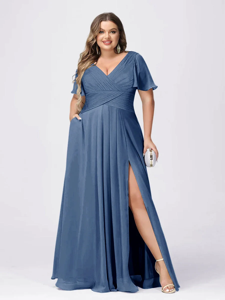 A Line/Princess V-Neck Short Sleeves Plus Size Bridesmaid Dresses with Split Side - Image 46