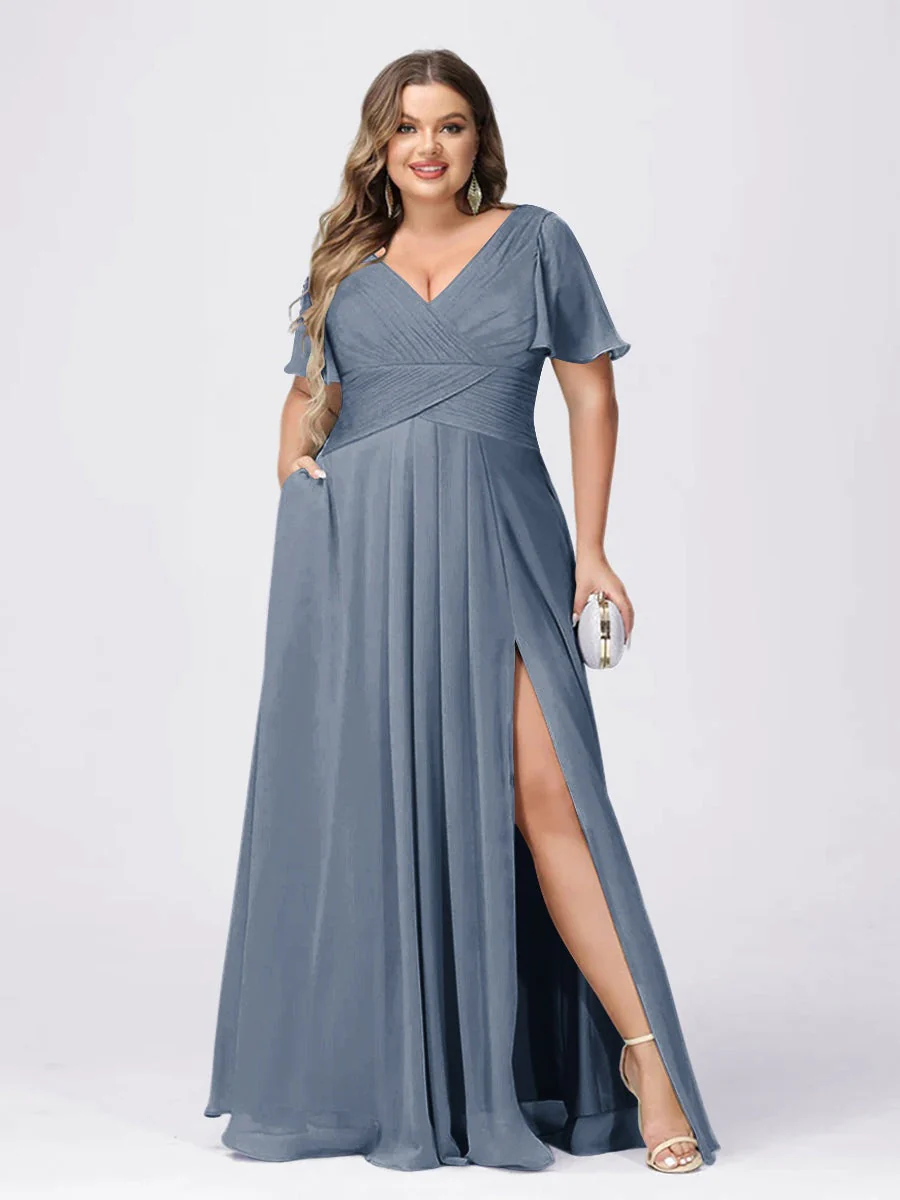 A Line/Princess V-Neck Short Sleeves Plus Size Bridesmaid Dresses with Split Side - Image 5
