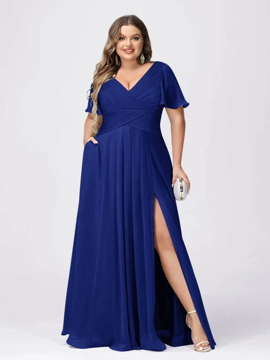 A Line/Princess V-Neck Short Sleeves Plus Size Bridesmaid Dresses with Split Side - Image 51