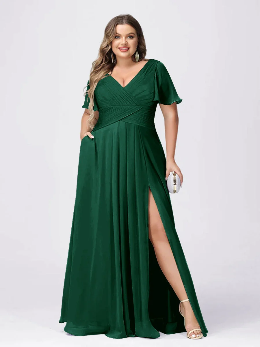 A Line/Princess V-Neck Short Sleeves Plus Size Bridesmaid Dresses with Split Side - Image 7