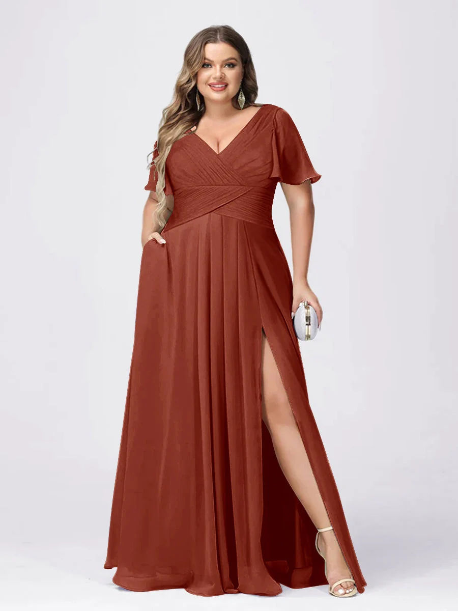 A Line/Princess V-Neck Short Sleeves Plus Size Bridesmaid Dresses with Split Side - Image 9