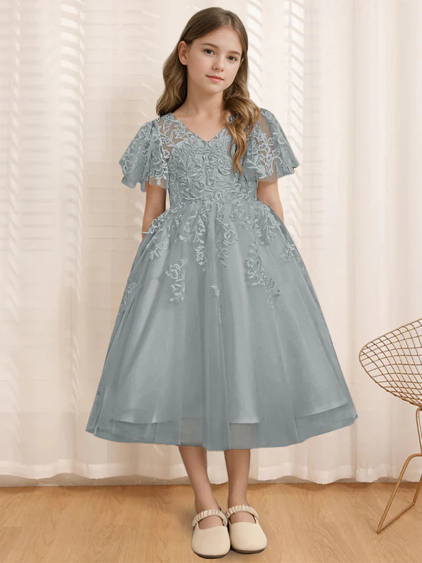 A-Line/Princess V-Neck Short Sleeves Tea-Length Flower Girl Dress with Lace - Image 12