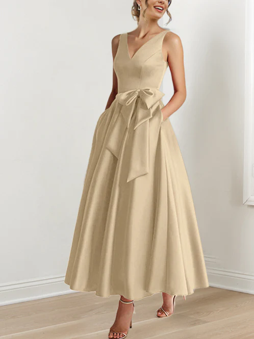 A-Line/Princess V-Neck Sleeveless Ankle-Length Mother of the Bride Dresses with Pockets & Ruffles - Image 10