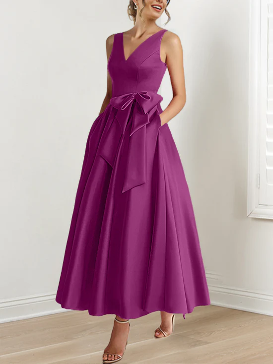 A-Line/Princess V-Neck Sleeveless Ankle-Length Mother of the Bride Dresses with Pockets & Ruffles - Image 46