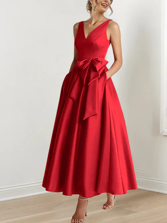 A-Line/Princess V-Neck Sleeveless Ankle-Length Mother of the Bride Dresses with Pockets & Ruffles - Image 52