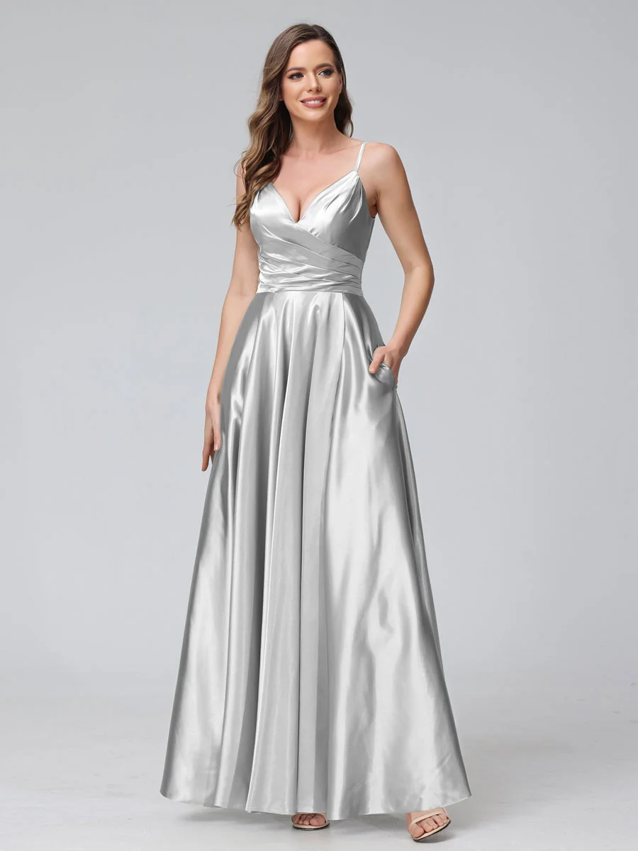 A-Line/Princess V-Neck Sleeveless Ankle-Length Silk Satin Bridemaid Dresses with Pockets & Split Side - Image 17