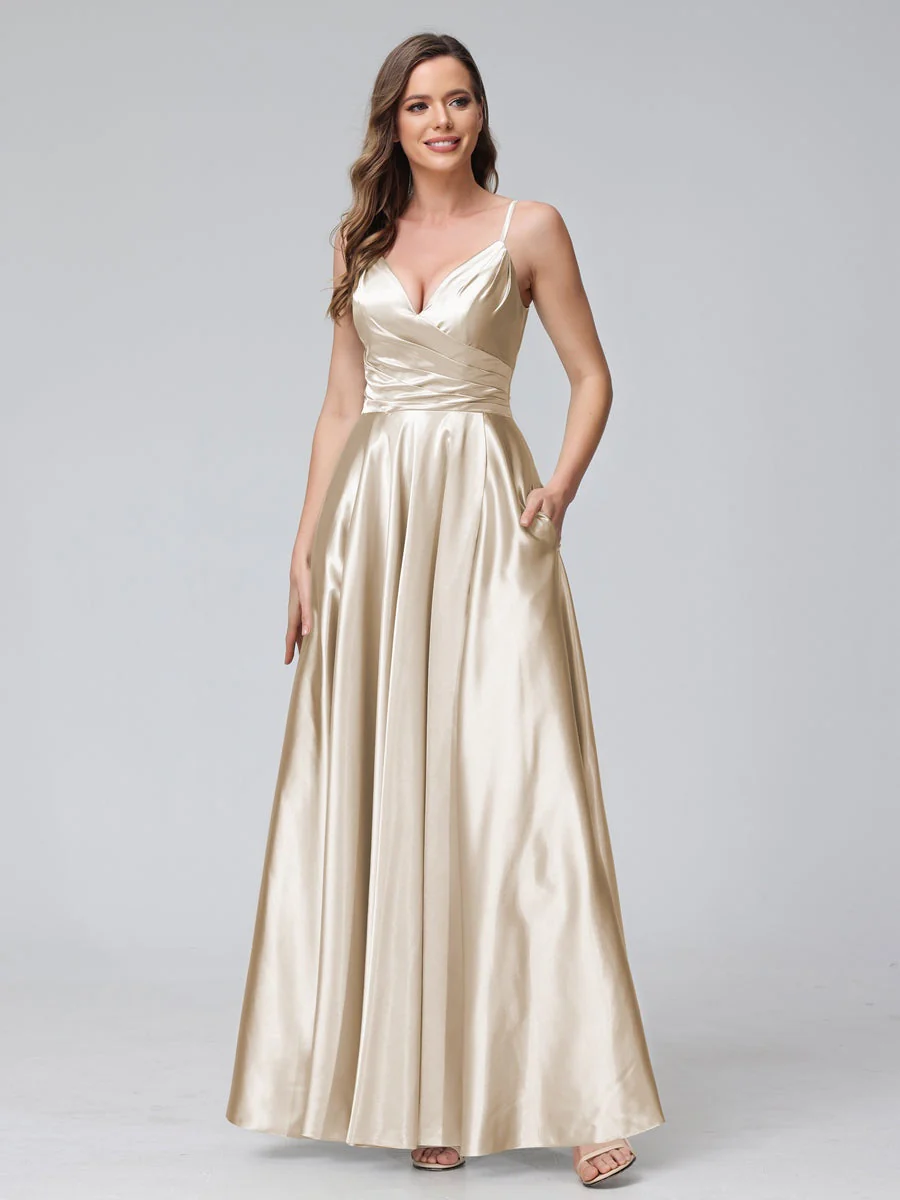 A-Line/Princess V-Neck Sleeveless Ankle-Length Silk Satin Bridemaid Dresses with Pockets & Split Side - Image 19