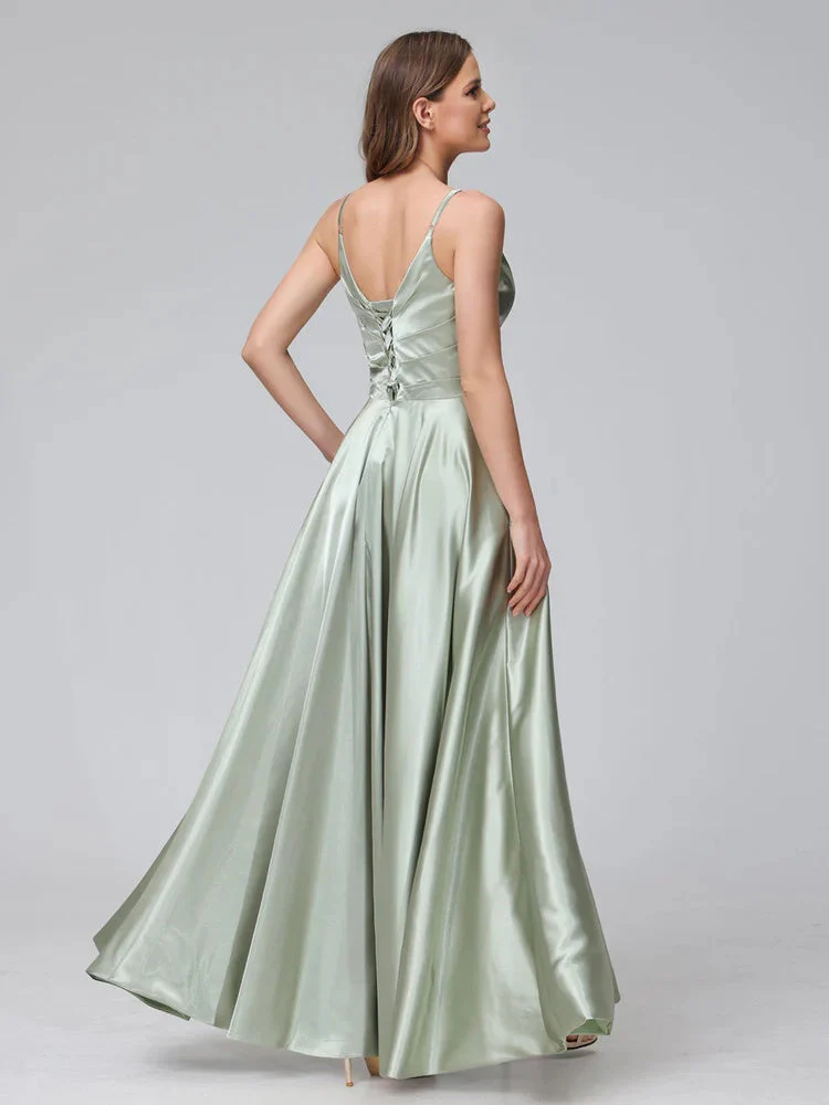 A-Line/Princess V-Neck Sleeveless Ankle-Length Silk Satin Bridemaid Dresses with Pockets & Split Side - Image 3