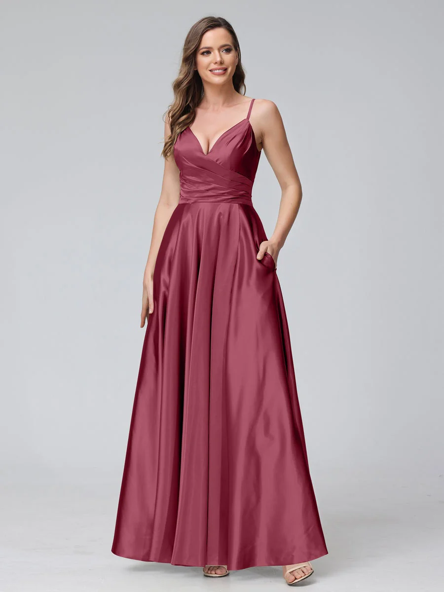 A-Line/Princess V-Neck Sleeveless Ankle-Length Silk Satin Bridemaid Dresses with Pockets & Split Side - Image 30