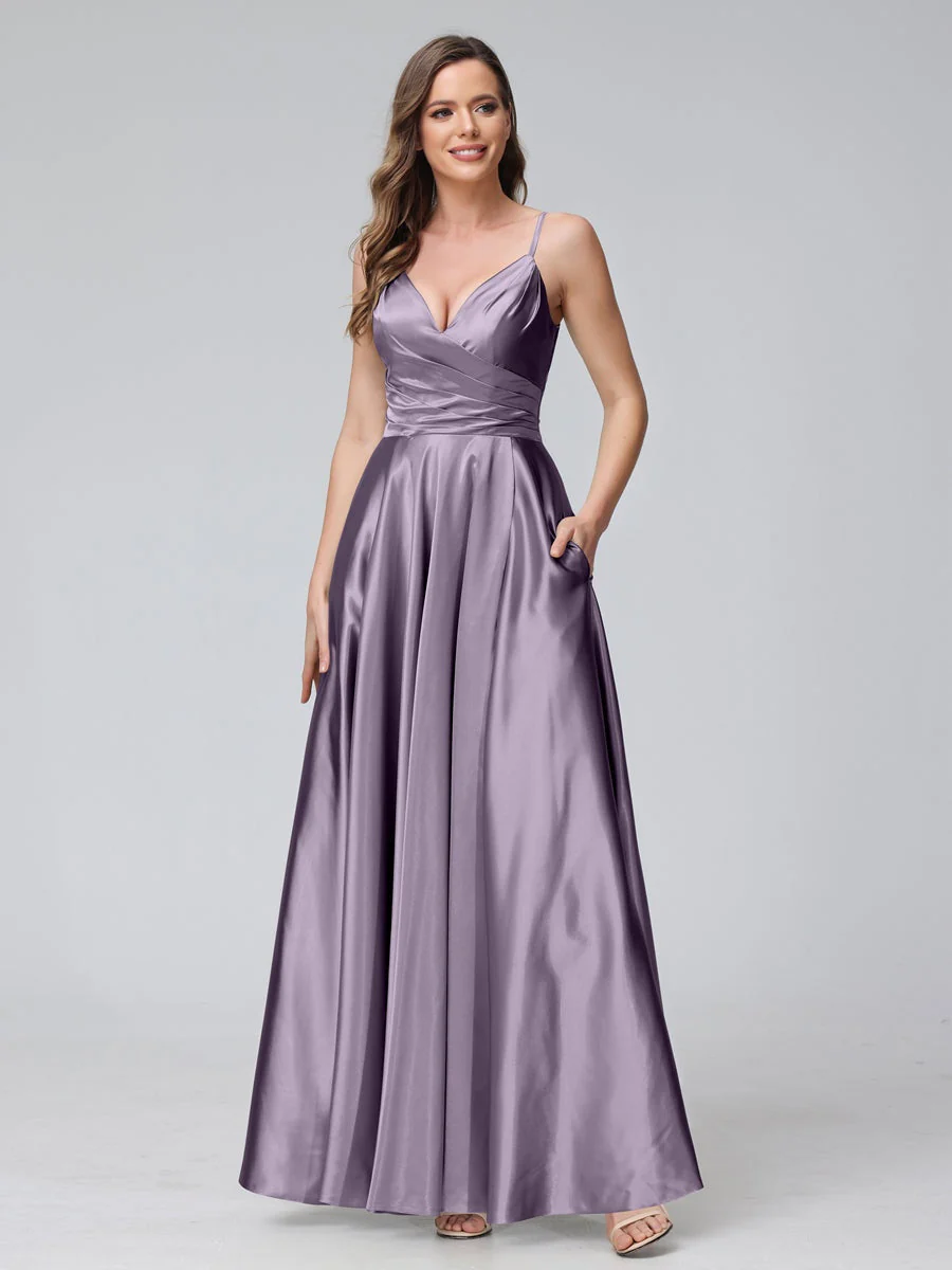 A-Line/Princess V-Neck Sleeveless Ankle-Length Silk Satin Bridemaid Dresses with Pockets & Split Side - Image 31