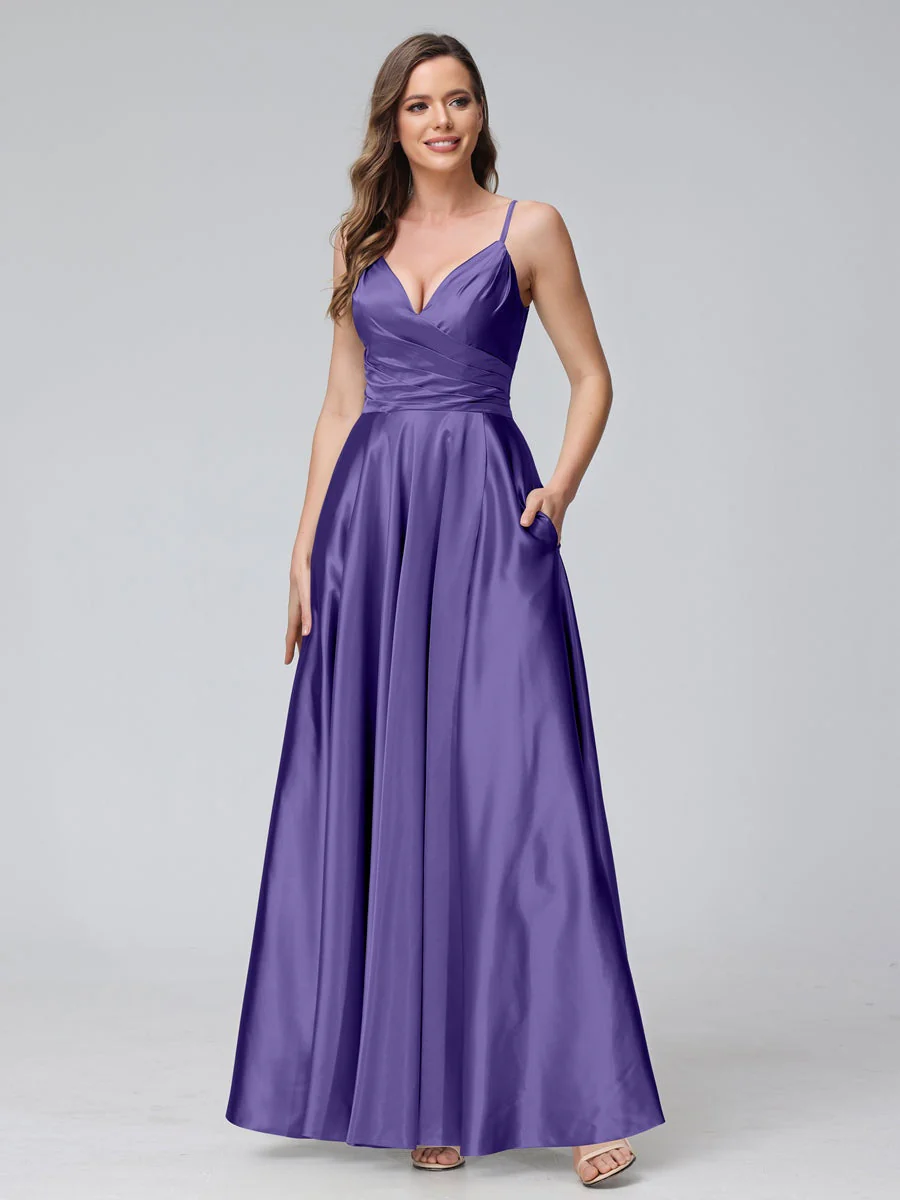 A-Line/Princess V-Neck Sleeveless Ankle-Length Silk Satin Bridemaid Dresses with Pockets & Split Side - Image 32