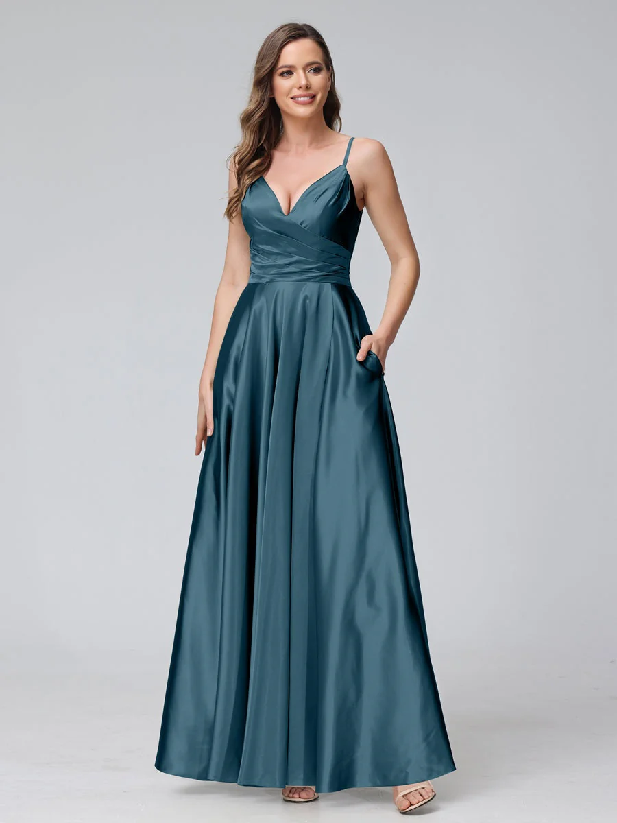 A-Line/Princess V-Neck Sleeveless Ankle-Length Silk Satin Bridemaid Dresses with Pockets & Split Side - Image 45