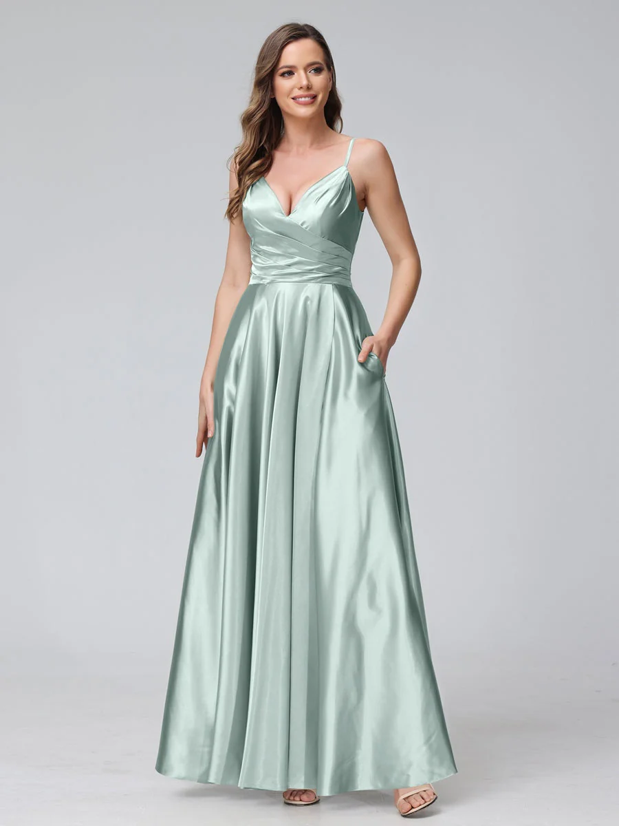 A-Line/Princess V-Neck Sleeveless Ankle-Length Silk Satin Bridemaid Dresses with Pockets & Split Side - Image 47
