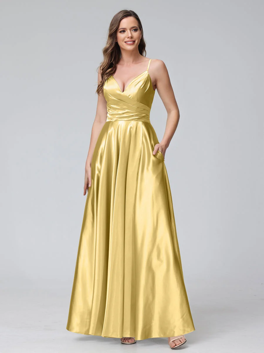 A-Line/Princess V-Neck Sleeveless Ankle-Length Silk Satin Bridemaid Dresses with Pockets & Split Side - Image 54