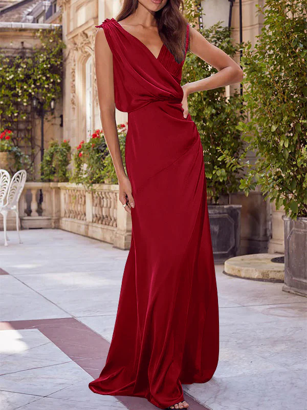 A-Line/Princess V-Neck Sleeveless Floor-Length Bridesmaid Dresses with Ruched - Image 8
