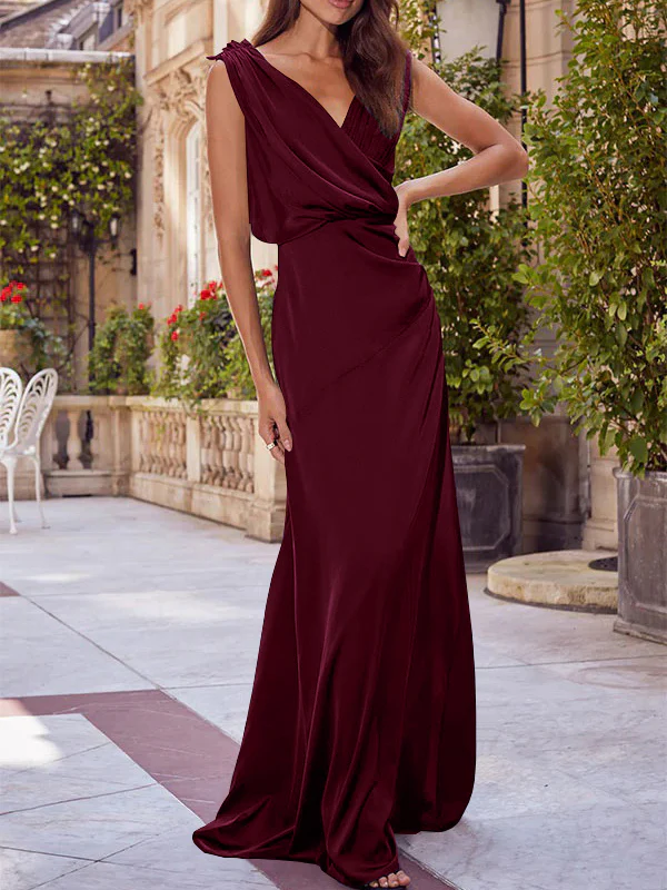 A-Line/Princess V-Neck Sleeveless Floor-Length Bridesmaid Dresses with Ruched - Image 9