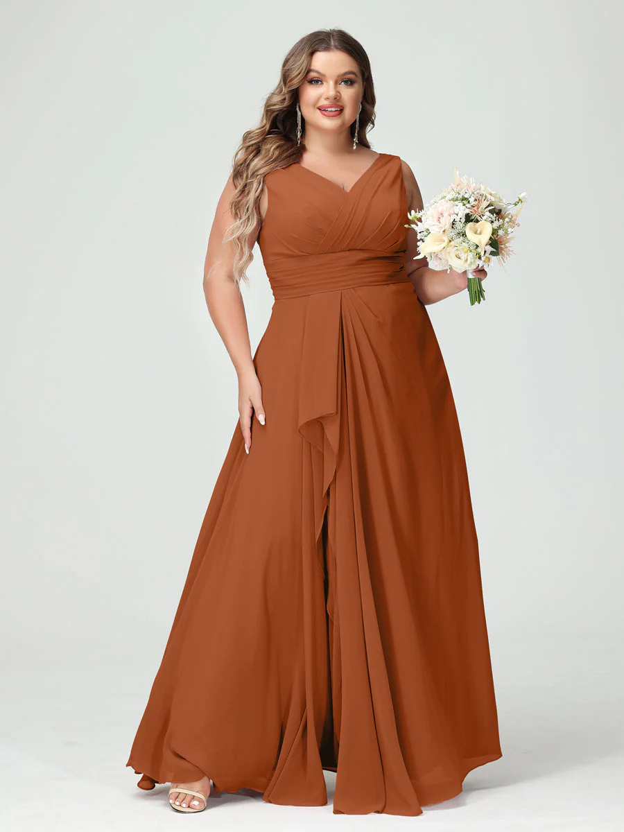 A-Line/Princess V-Neck Sleeveless Chiffon Ruffles Plus Size Bridesmaid Dresses with Pockets & Ruffles - Image 10