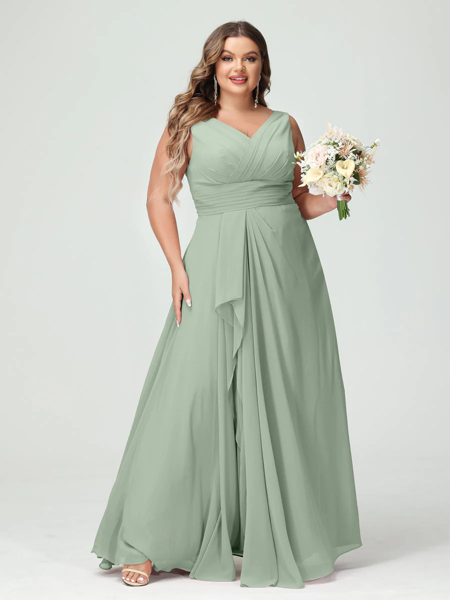 A-Line/Princess V-Neck Sleeveless Chiffon Ruffles Plus Size Bridesmaid Dresses with Pockets & Ruffles - Image 11