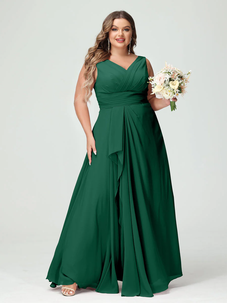 A-Line/Princess V-Neck Sleeveless Chiffon Ruffles Plus Size Bridesmaid Dresses with Pockets & Ruffles - Image 12