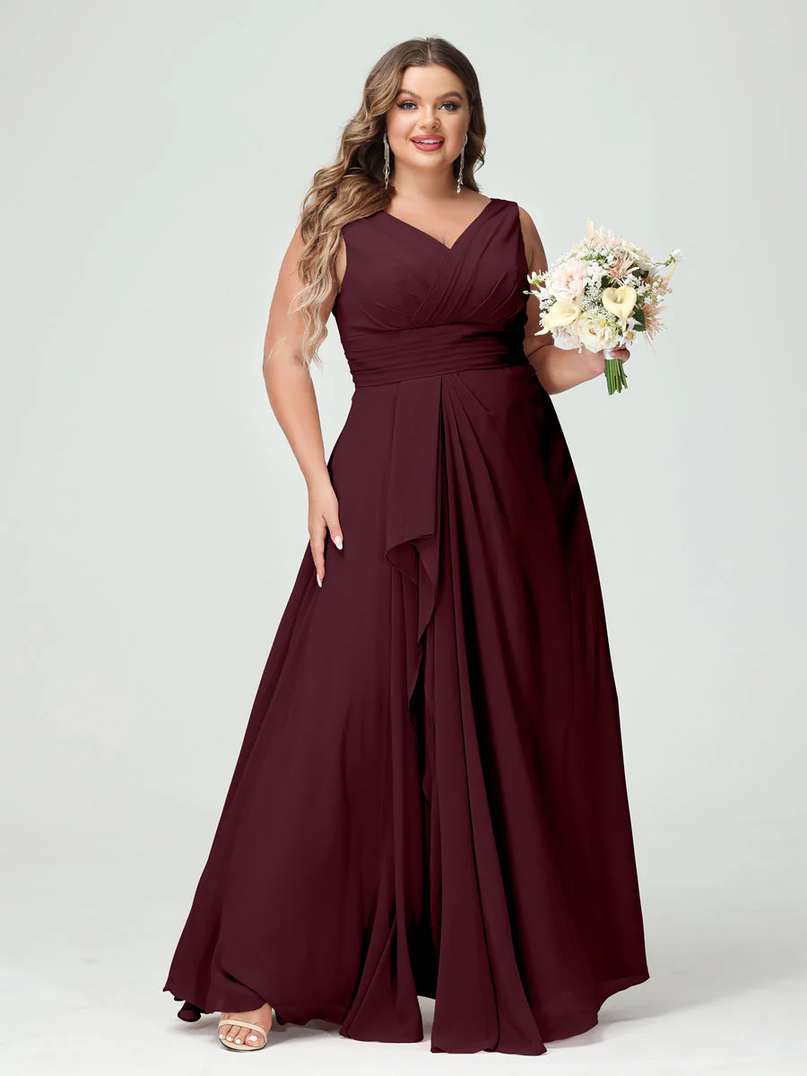 A-Line/Princess V-Neck Sleeveless Chiffon Ruffles Plus Size Bridesmaid Dresses with Pockets & Ruffles - Image 13