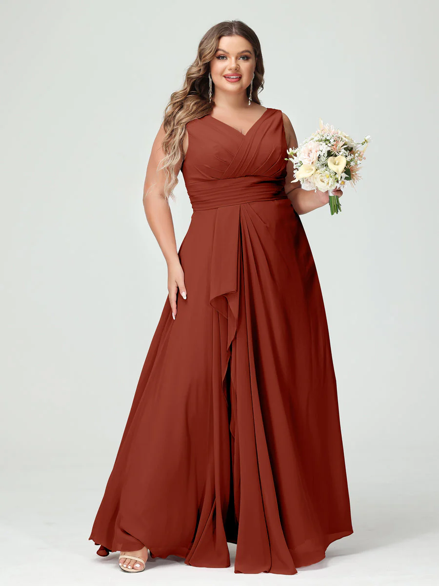 A-Line/Princess V-Neck Sleeveless Chiffon Ruffles Plus Size Bridesmaid Dresses with Pockets & Ruffles - Image 14