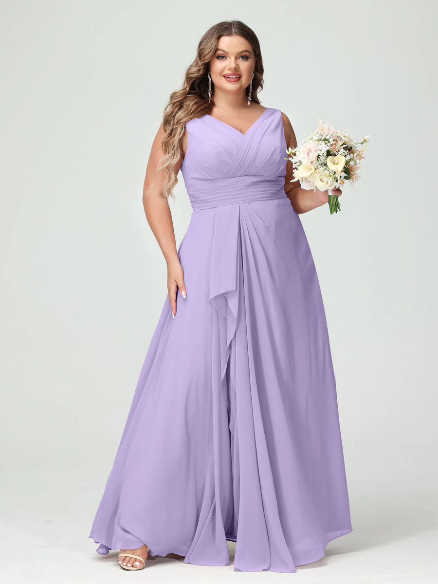A-Line/Princess V-Neck Sleeveless Chiffon Ruffles Plus Size Bridesmaid Dresses with Pockets & Ruffles - Image 15