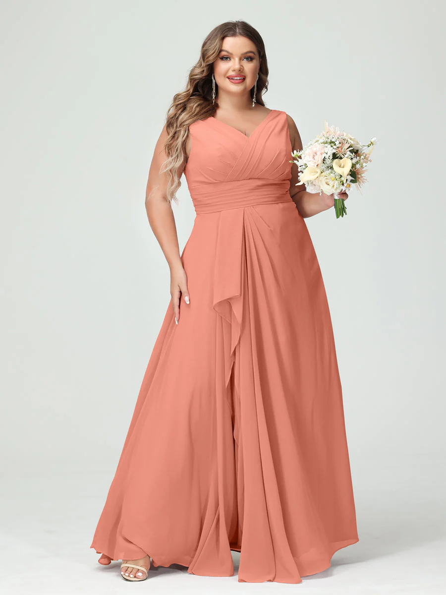 A-Line/Princess V-Neck Sleeveless Chiffon Ruffles Plus Size Bridesmaid Dresses with Pockets & Ruffles - Image 16