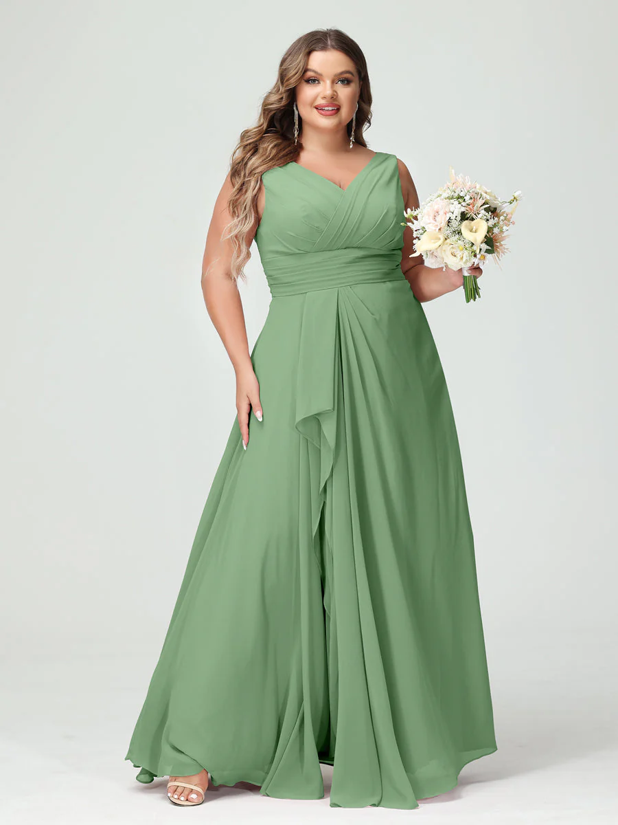 A-Line/Princess V-Neck Sleeveless Chiffon Ruffles Plus Size Bridesmaid Dresses with Pockets & Ruffles - Image 17