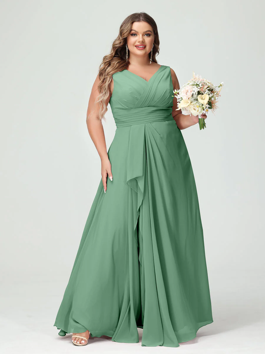 A-Line/Princess V-Neck Sleeveless Chiffon Ruffles Plus Size Bridesmaid Dresses with Pockets & Ruffles - Image 18