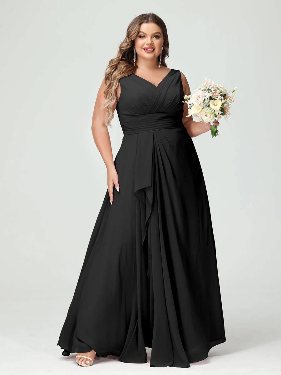 A-Line/Princess V-Neck Sleeveless Chiffon Ruffles Plus Size Bridesmaid Dresses with Pockets & Ruffles - Image 19