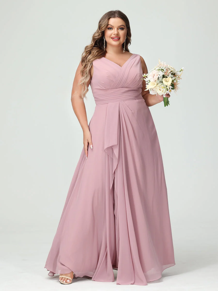 A-Line/Princess V-Neck Sleeveless Chiffon Ruffles Plus Size Bridesmaid Dresses with Pockets & Ruffles - Image 2