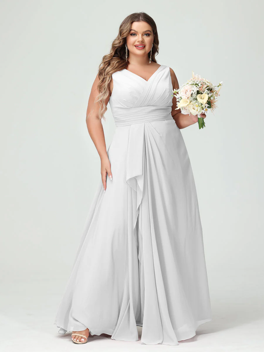 A-Line/Princess V-Neck Sleeveless Chiffon Ruffles Plus Size Bridesmaid Dresses with Pockets & Ruffles - Image 21
